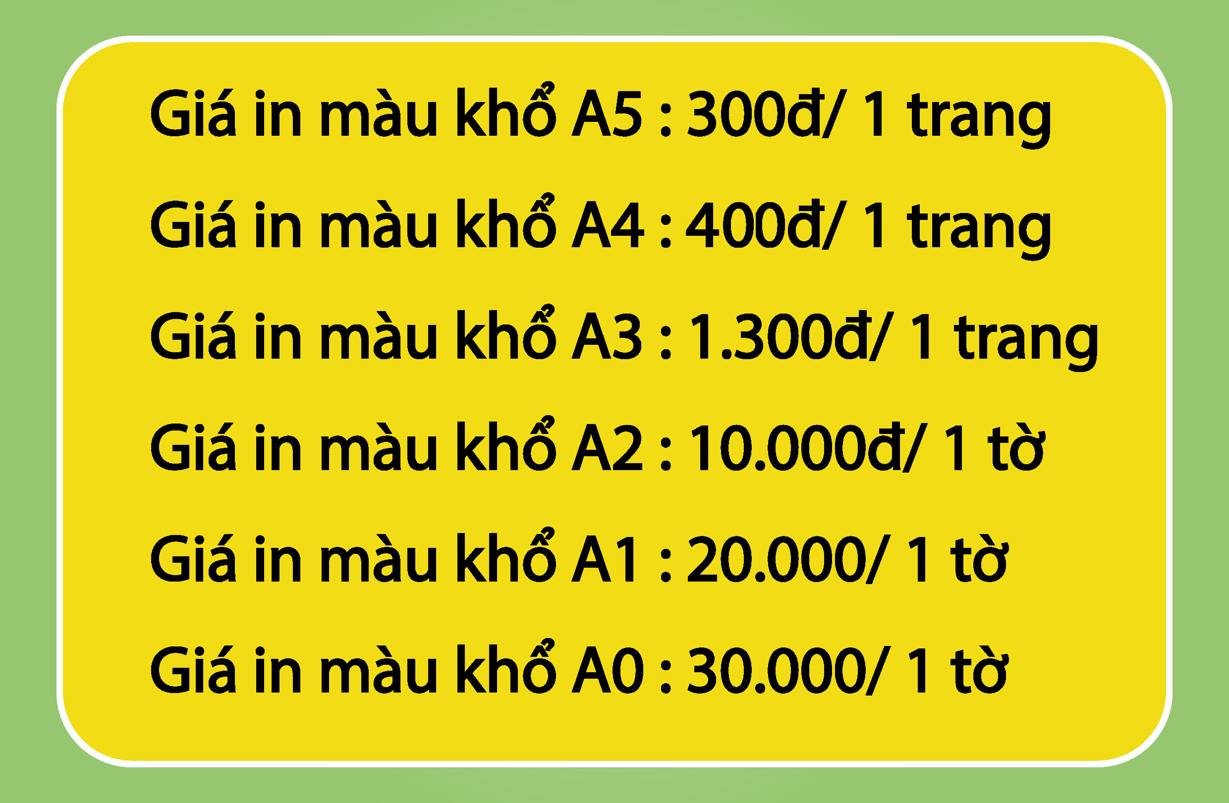 in màu A2, cửa hàng in màu A2 Tại Hà Nội 7.000đ/1 tờ 1 Bảng báo giá in màu A5,A4,A3,A2,A1,A0